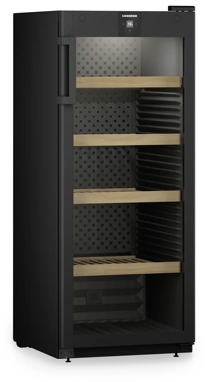 Product image, Perspective: oblique closed empty, Wine storage cabinet, Casing colour: black, Door colour: black
