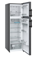 Product image, Perspective: oblique open empty, Fridge-freezer with NoFrost, Casing colour: black, Door colour: BlackSteel