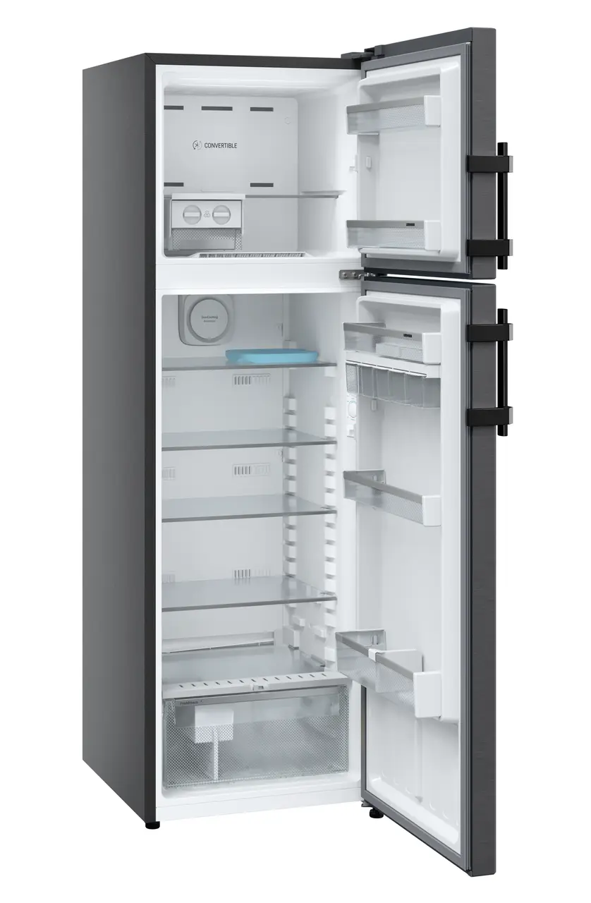 Product image, Perspective: oblique open empty, Fridge-freezer with NoFrost, Casing colour: black, Door colour: BlackSteel