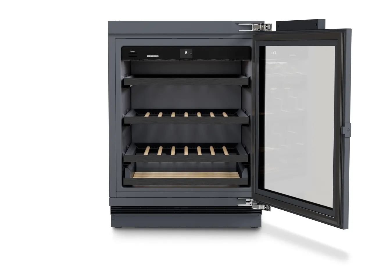 Изображение на продукта, Перспектива: Отпред, отворен, празен, Хладилник за вино, подходящ за монтаж под плота, за темпериране на вино, Цвят на корпуса: Антрацит, Цвят на вратата: Антрацит