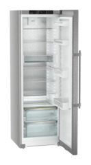 Product image, Perspective: oblique open empty, Freestanding fridge with EasyFresh, Casing colour: silver, Door colour: stainless steel