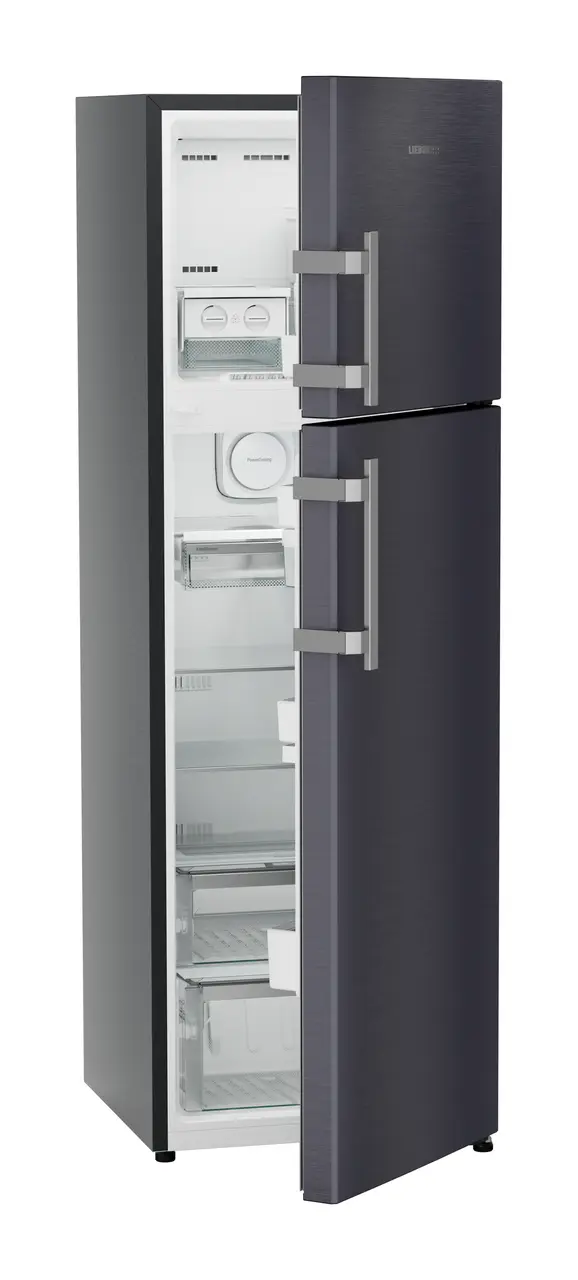 Product image, Perspective: oblique half-open empty, Fridge-freezer with NoFrost, Casing colour: grey, Door colour: Cobalt Steel