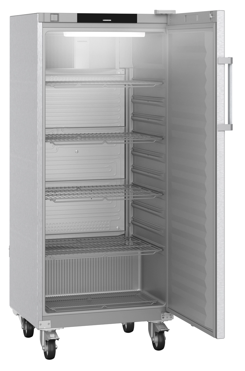 Product image, Perspective: oblique open empty, Forced-air refrigerator, Casing colour: stainless steel, Door colour: stainless steel
