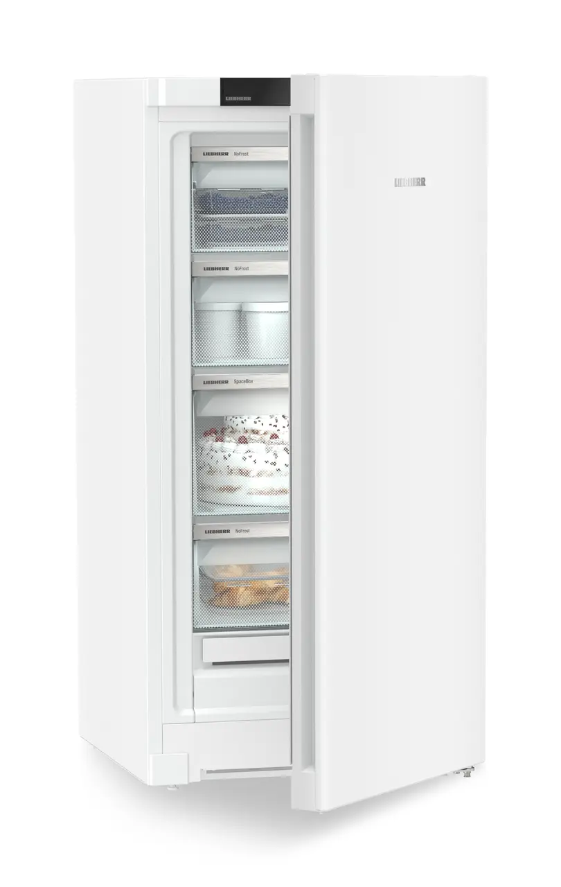 Product image, Perspective: oblique half-open decorated, Freestanding freezer with NoFrost, Casing colour: white, Door colour: white
