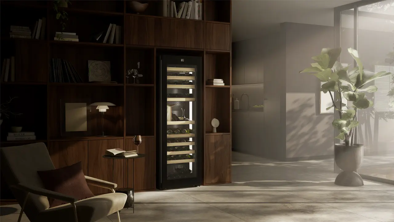 Product image, Perspective: milieu, Multi-temperature wine cabinet, Casing colour: BlackSteel, Door colour: GlassBlack