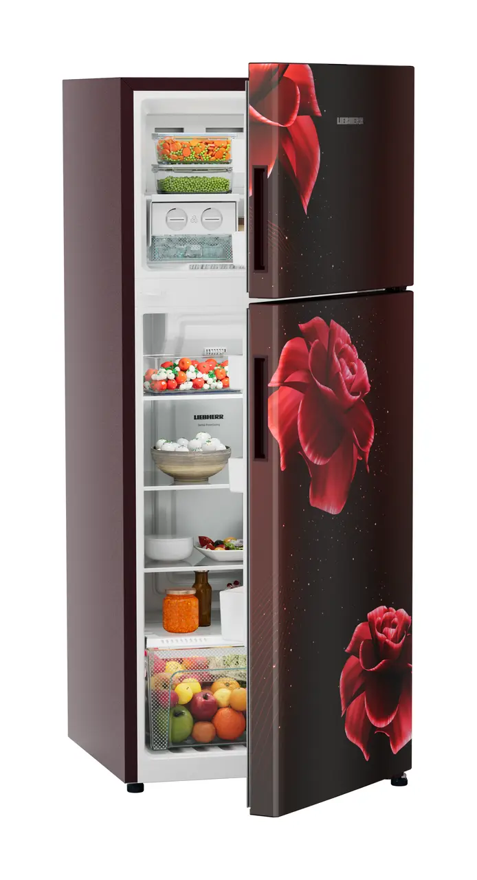 Product image, Perspective: oblique half-open decorated, Fridge-freezer with NoFrost, Casing colour: red, Door colour: Red Divine