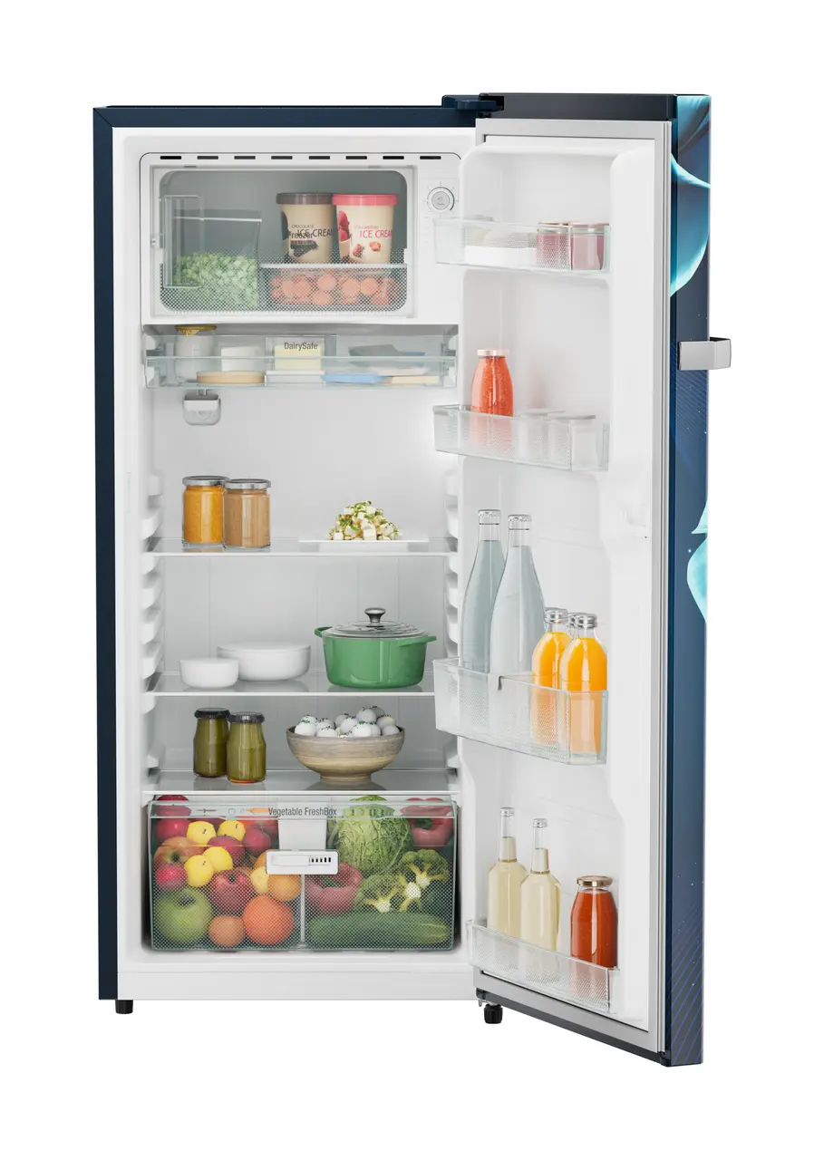 Product image, Perspective: straight open decorated, Single-door refrigerator 202 l in 3 star and horizontal handle, Casing colour: blue, Door colour: Blue Divine