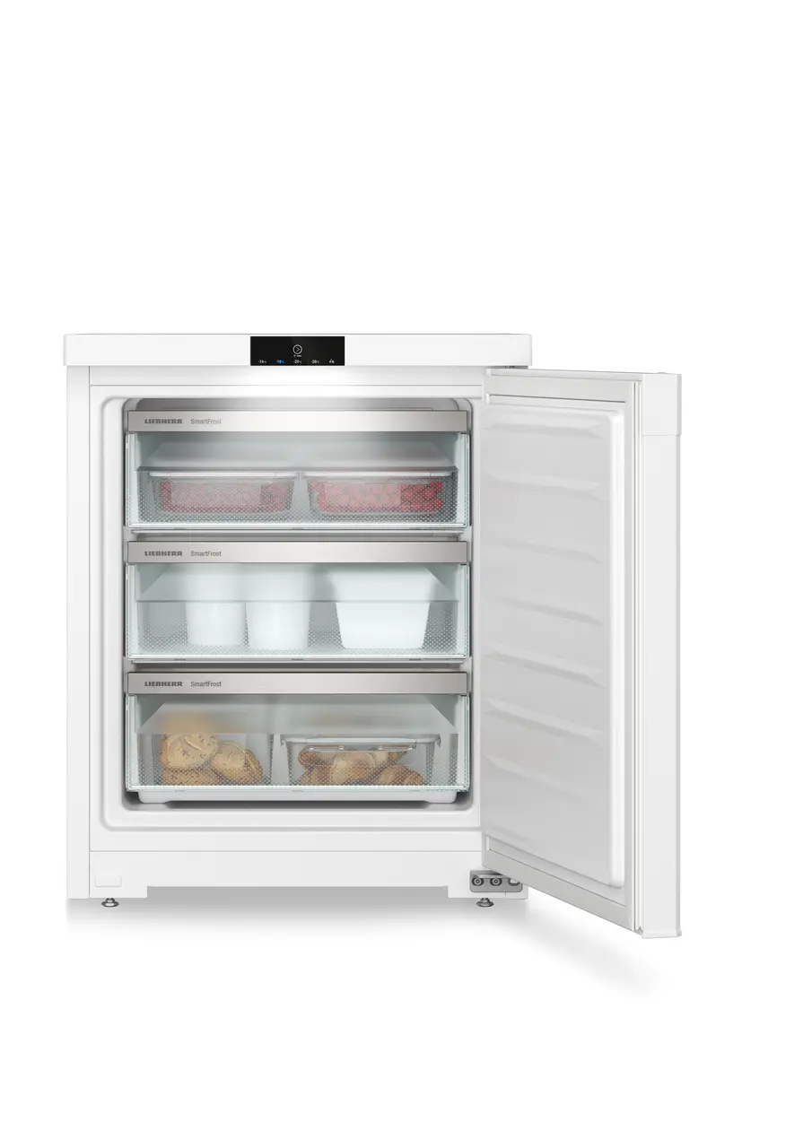 Изображение продукции, Перспектива: Прямо, с открытой дверцей, с продуктами, Малогабаритная морозильная камера с системой SmartFrost, Цвет корпуса: белый, Цвет дверцы: белый