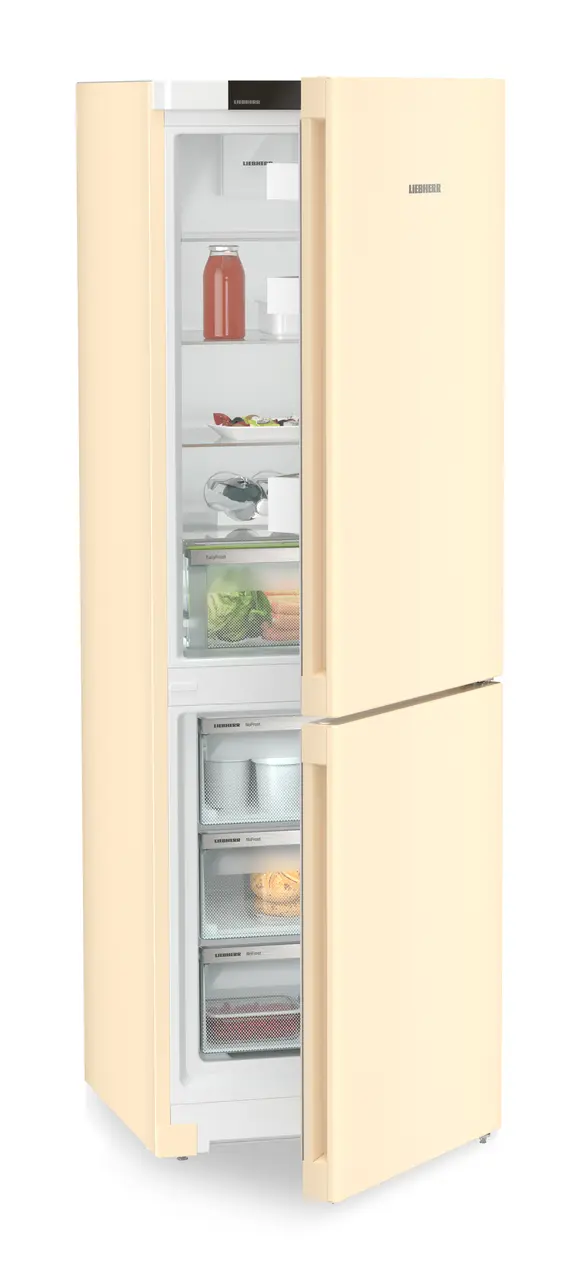 Изображение продукции, Перспектива: Под углом, с полуоткрытой дверцей, с продуктами, Комбинированный холодильник-морозильник с EasyFresh и NoFrost, Цвет корпуса: бежевый, Цвет дверцы: бежевый