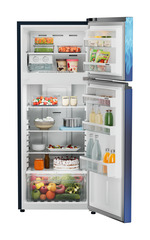 Product image, Perspective: straight open decorated, Fridge-freezer with NoFrost, Casing colour: blue, Door colour: Blue Mystiq