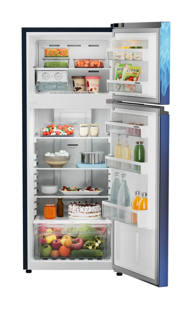 Product image, Perspective: straight open decorated, Fridge-freezer with NoFrost, Casing colour: blue, Door colour: Blue Mystiq