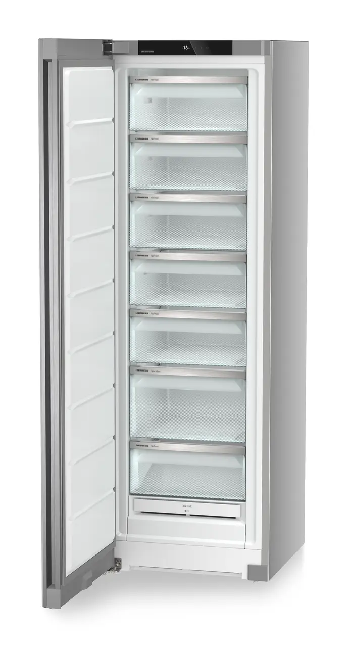 Изображение продукции, Перспектива: Под углом, с открытой дверцей, без продуктов, Морозильная камера с системой NoFrost, Цвет корпуса: серебристый