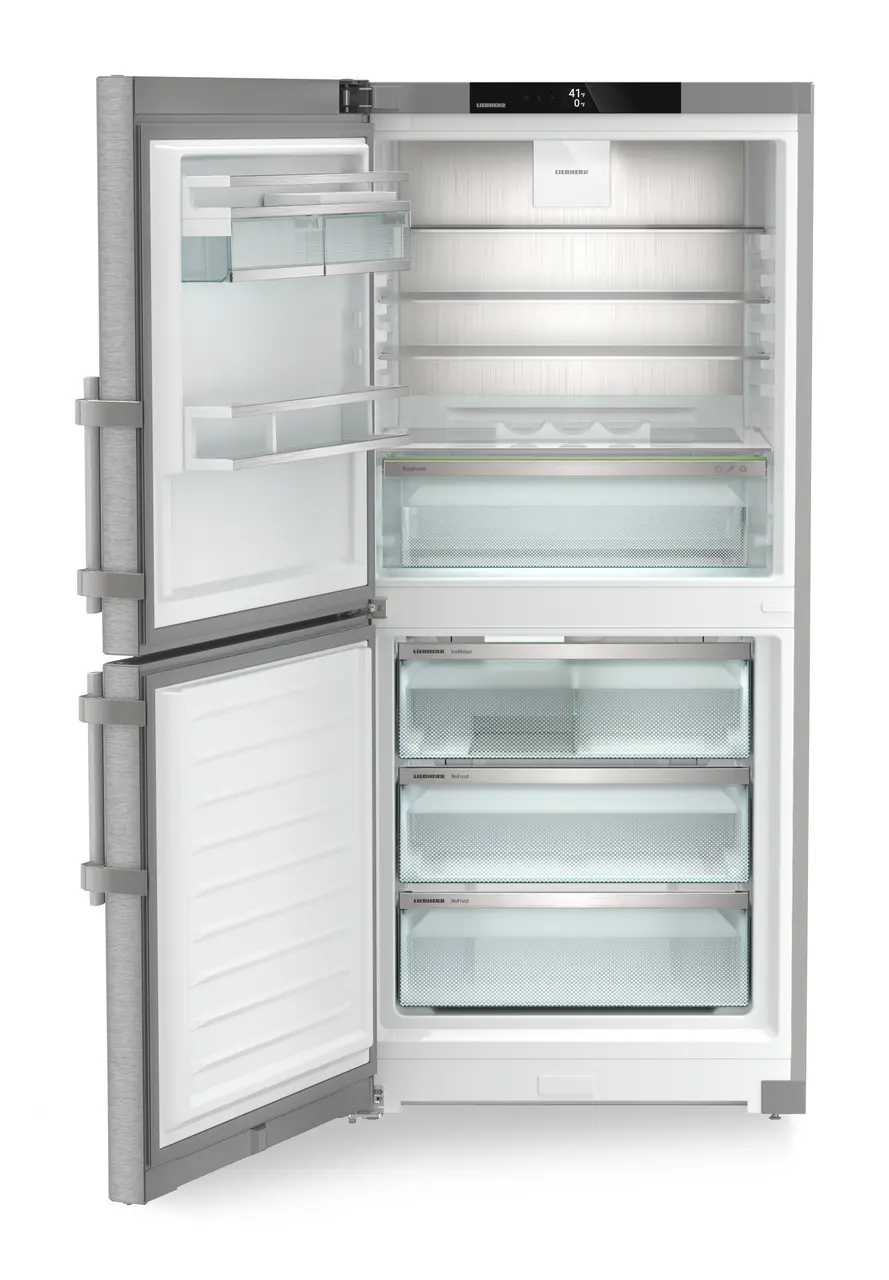 Product image, Perspective: straight open empty, Combined fridge-freezers with EasyFresh and NoFrost, Casing colour: silver, Door colour: stainless steel