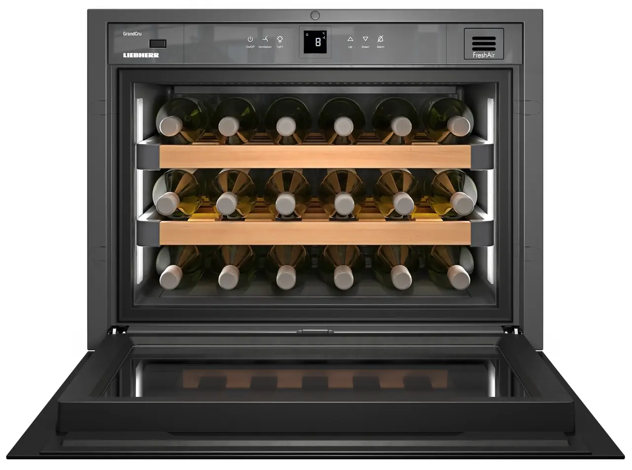 Product image, Perspective: straight open decorated, Built-in wine storage cabinet, Casing colour: white, Door colour: black