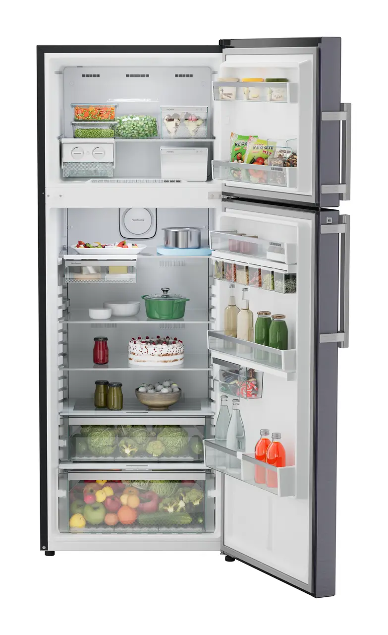 Product image, Perspective: straight open decorated, Fridge-freezer with NoFrost, Casing colour: grey, Door colour: Cobalt Steel