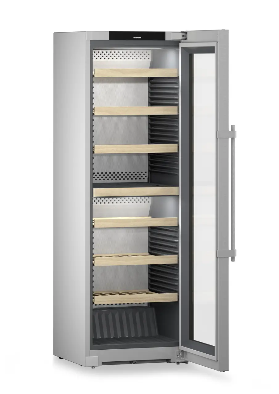 Product image, Perspective: oblique open empty, Multi-temperature wine cabinet, Casing colour: silver, Door colour: stainless steel