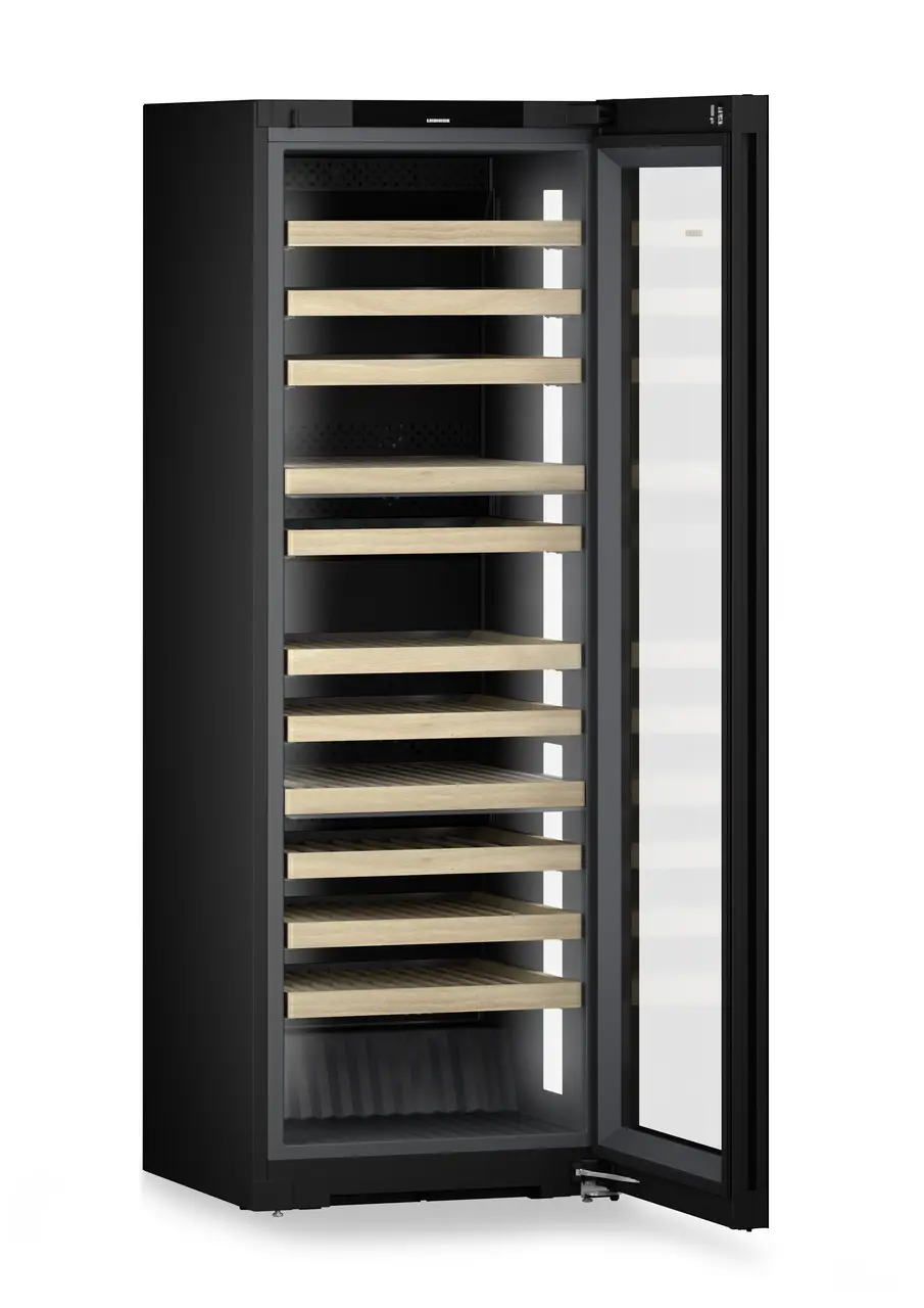 Product image, Perspective: oblique open empty, Multi-temperature wine cabinet, Casing colour: black, Door colour: GlassBlack