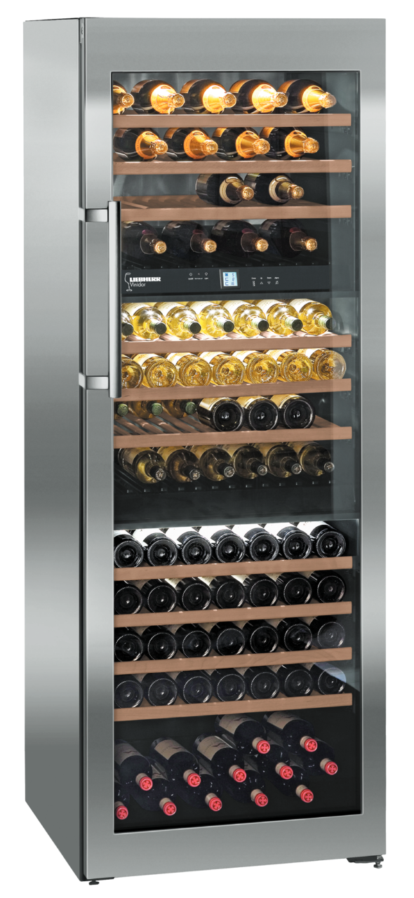 Product image, Perspective: oblique closed decorated, Multi-temperature wine cabinet, Casing colour: stainless steel