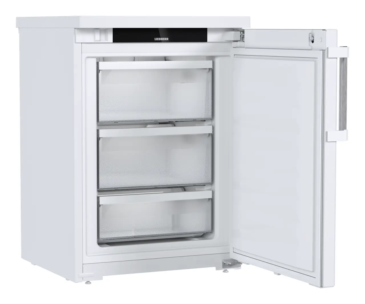 Produkt-Bild, Perspektive: schräg offen leer, Unterbaufähiger Gefrierschrank mit NoFrost, Gehäusefarbe: Weiß, Türfarbe: Weiß