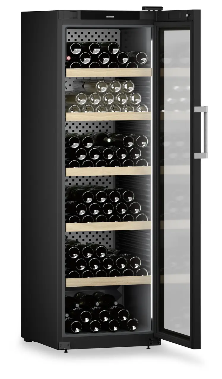 Product image, Perspective: oblique open decorated, Wine storage cabinet, Casing colour: black, Door colour: black