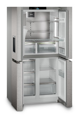 Obrázok produktu, Perspektíva: Šikmo, spotrebič otvorený, prázdny, 4-dverová francúzska chladnička s mrazničkou s dávkovačom vody a kociek ľadu, Farba steny: Strieborný, Farba dverí: Ušľachtilá oceľ