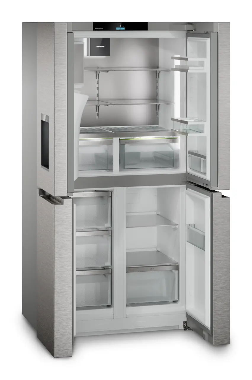 Obrázok produktu, Perspektíva: Šikmo, spotrebič otvorený, prázdny, 4-dverová francúzska chladnička s mrazničkou s dávkovačom vody a kociek ľadu, Farba steny: Strieborný, Farba dverí: Ušľachtilá oceľ