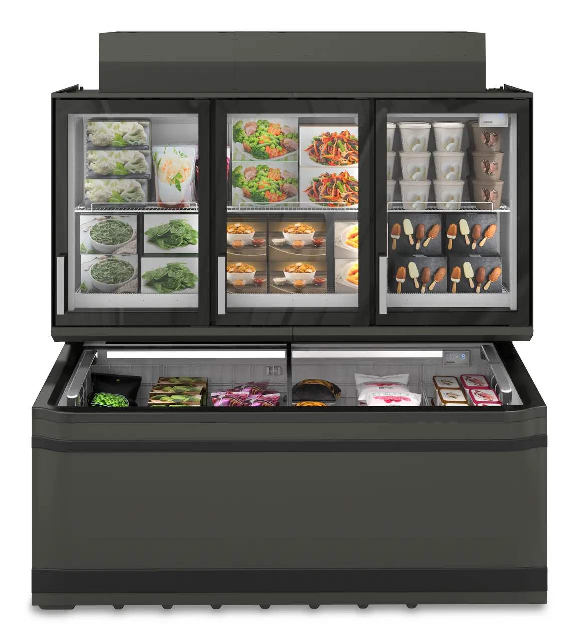 Produkt-Bild, Perspektive: gerade geschlossen dekoriert, Supermarkt-Freezer-Top, Gehäusefarbe: Grau