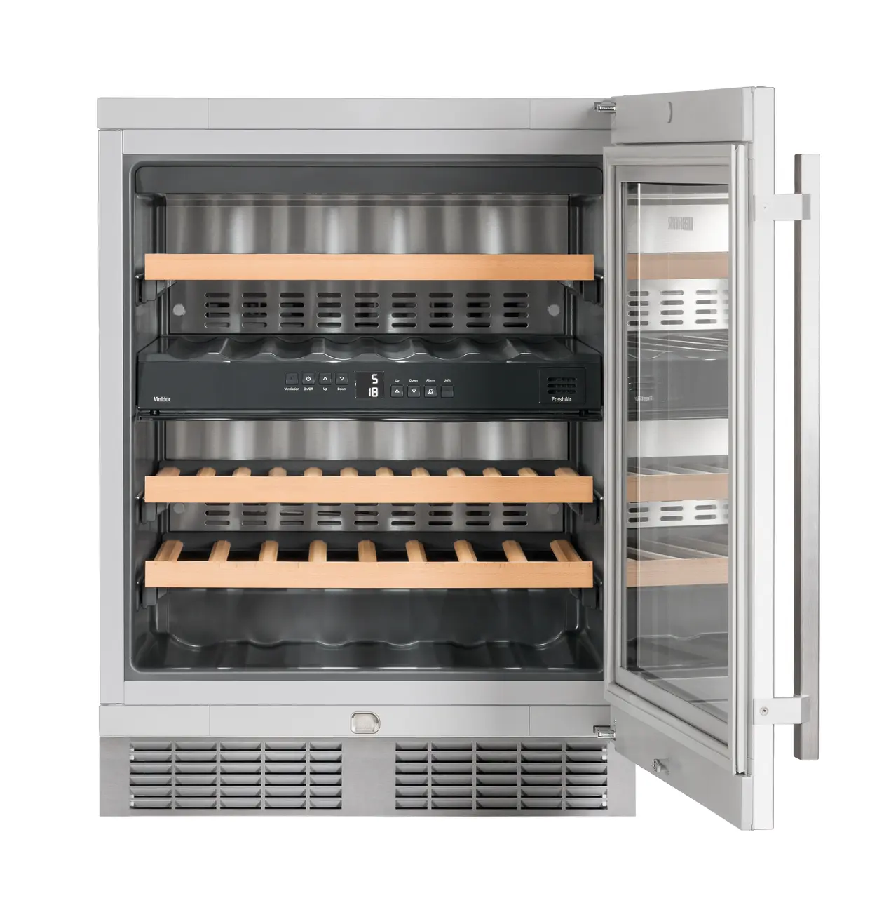 Product image, Perspective: straight open empty, Built-under multi-temperature wine cabinet, Casing colour: silver, Door colour: silver