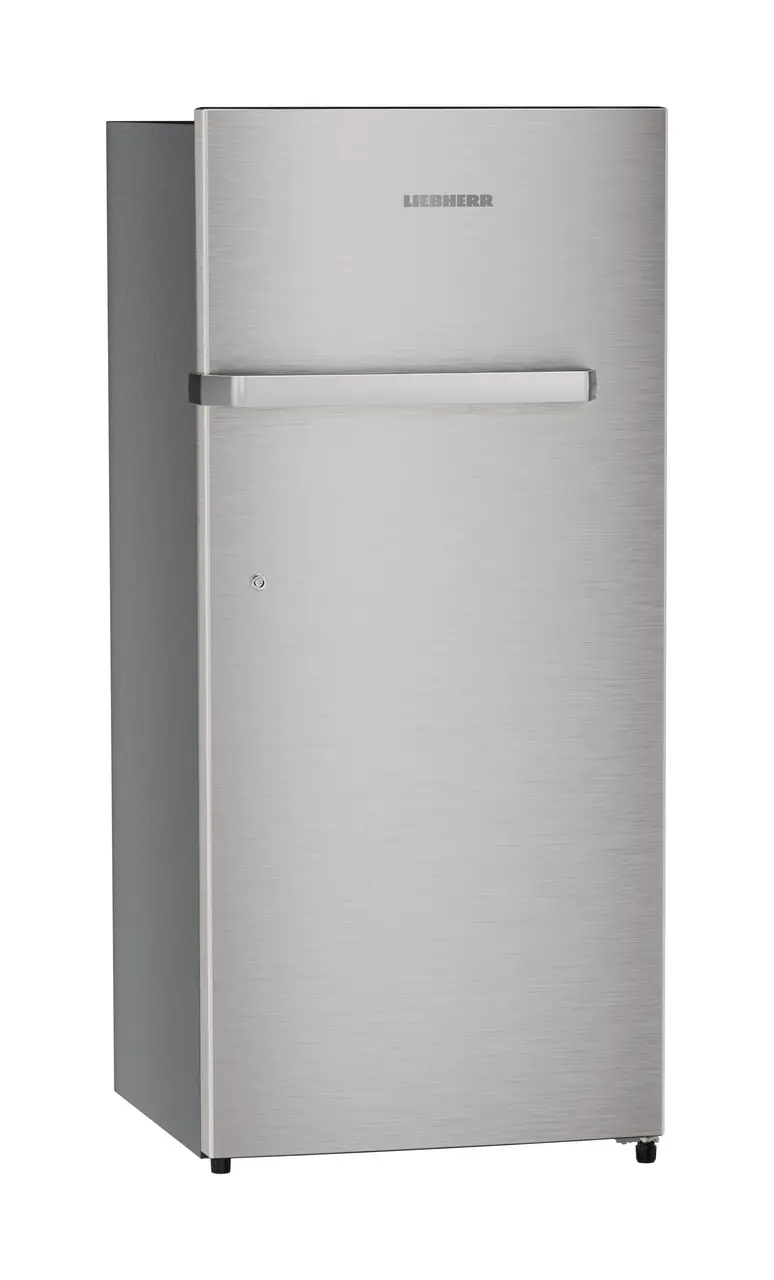 Product image, Perspective: oblique closed, Single-door refrigerator 202 l in 3 star and horizontal handle, Casing colour: grey, Door colour: Stainless Steel
