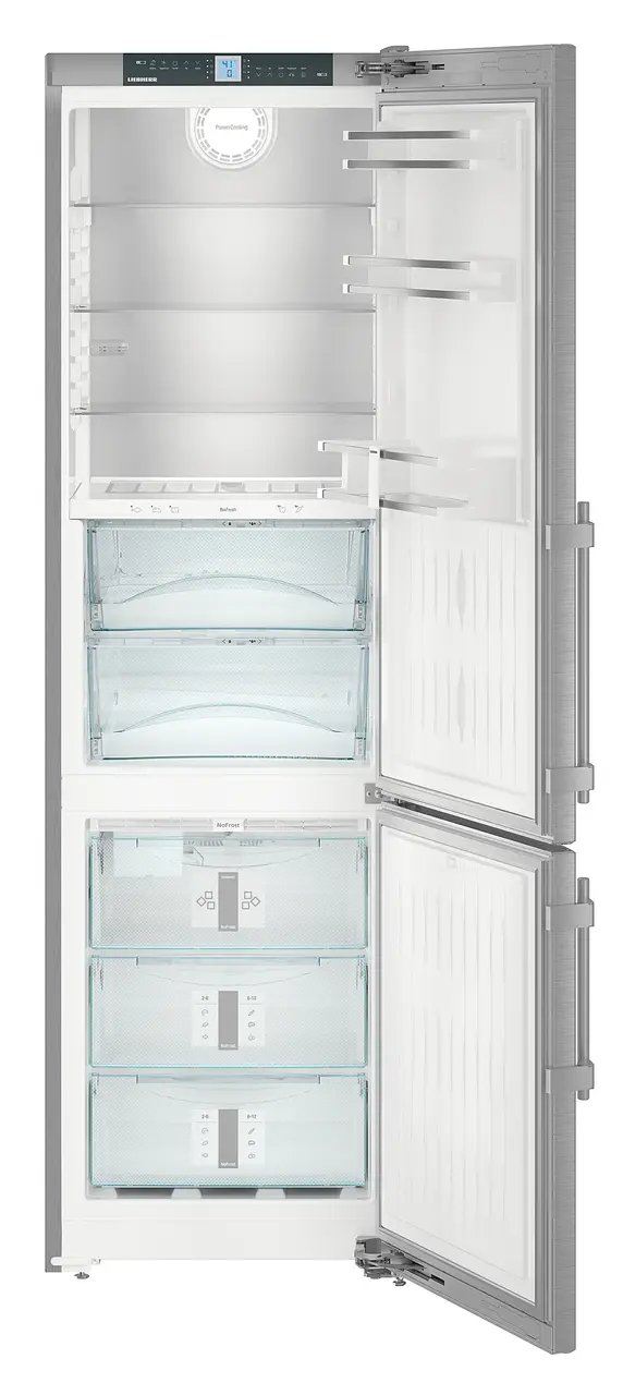 Image de produit, Perspective: Droit ouvert vide, Combiné réfrigérateur-congélateur avec BioFresh et NoFrost, Couleur de l’habillage: acier inox, Couleur de porte: acier inox