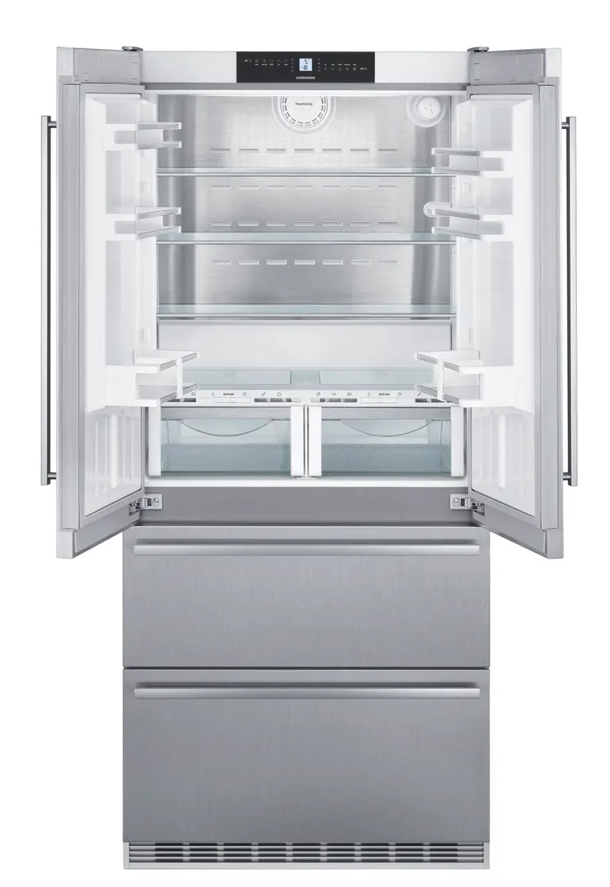 Product image, Perspective: straight open empty, Fridge-freezer with BioFresh and NoFrost, Casing colour: stainless steel, Door colour: stainless steel