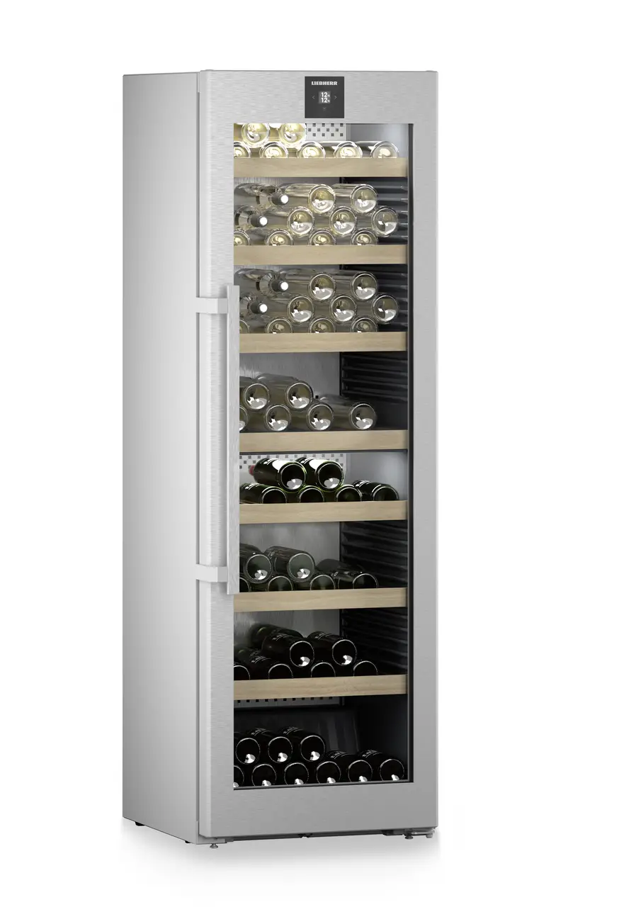 Product image, Perspective: oblique closed decorated, Multi-temperature wine cabinet, Casing colour: silver, Door colour: stainless steel