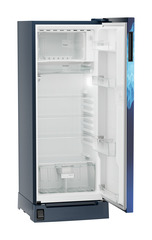 Product image, Perspective: oblique open empty, Single-door refrigerator 222 l in 5 star with foot pedal base drawer, Casing colour: blue, Door colour: Blue Mystiq
