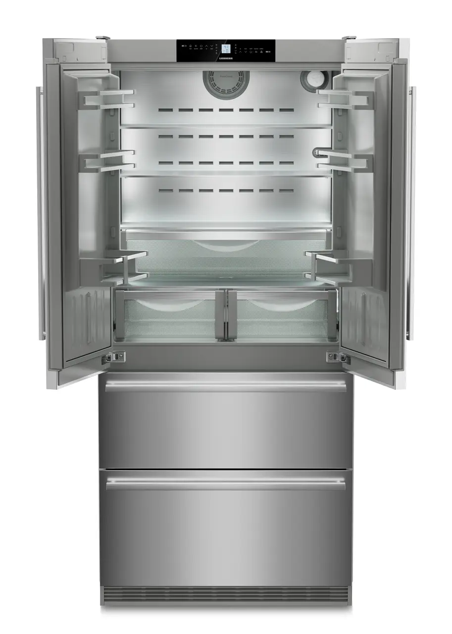 Product image, Perspective: straight open empty, Fridge-freezer with NoFrost, Casing colour: stainless steel, Door colour: stainless steel
