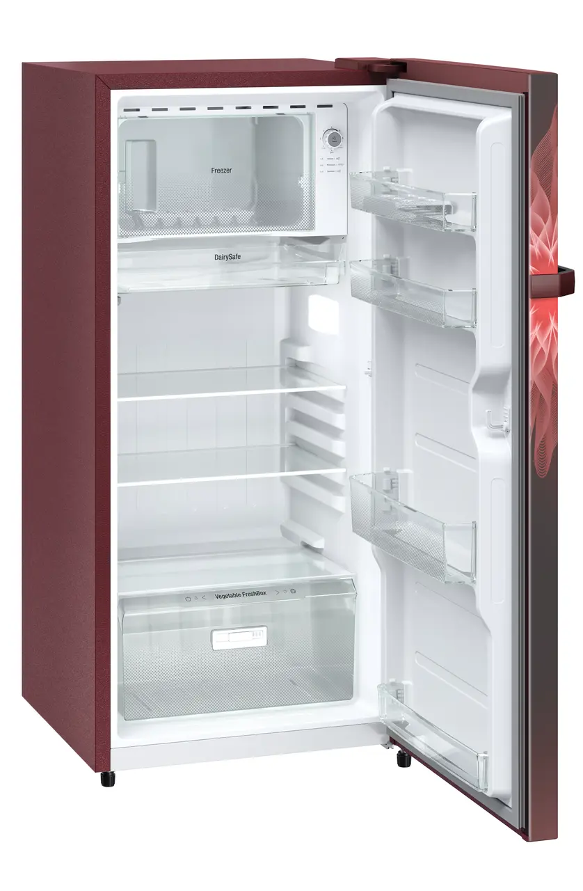 Product image, Perspective: oblique open empty, Single-door fridge 191 l in 1 star with inverter compressor, Casing colour: red, Door colour: Red Mystiq