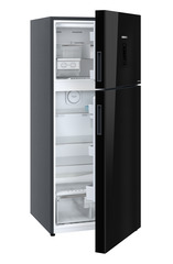 Product image, Perspective: oblique half-open empty, Fridge-freezer with NoFrost, Casing colour: grey, Door colour: Black Gloss