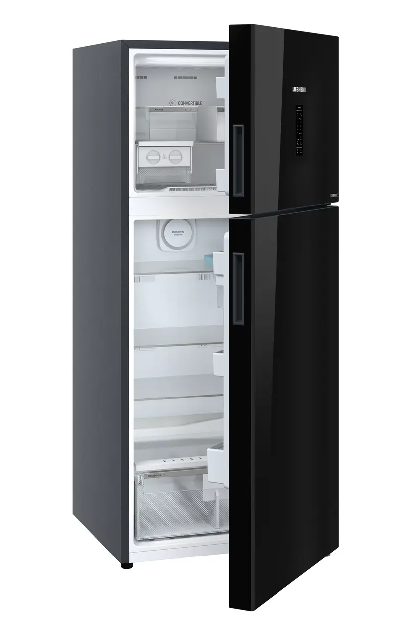Product image, Perspective: oblique half-open empty, Fridge-freezer with NoFrost, Casing colour: grey, Door colour: Black Gloss