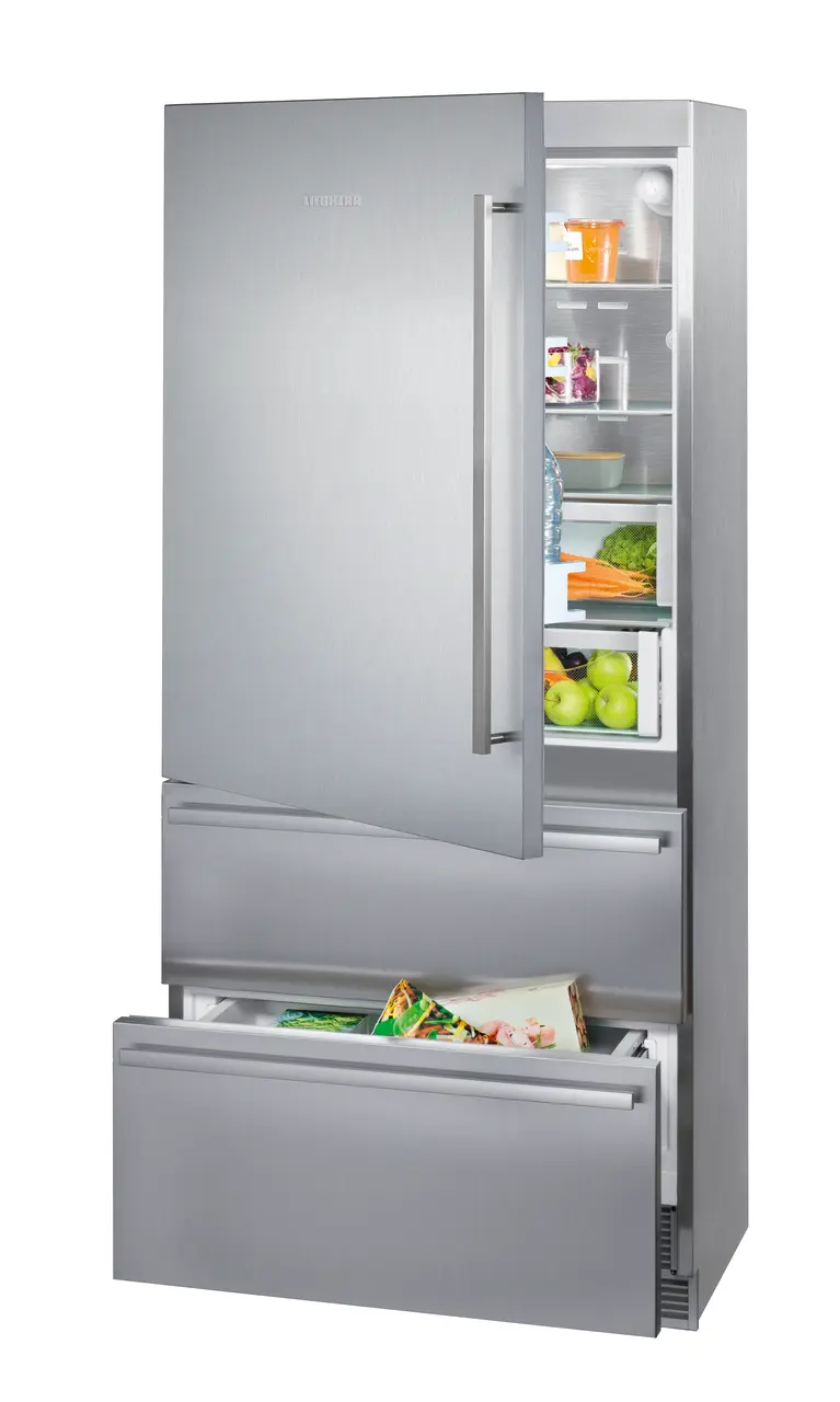 Product image, Perspective: special form, Fridge-freezer with NoFrost, Casing colour: stainless steel, Door colour: stainless steel