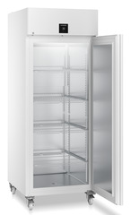 Produkt-Bild, Perspektive: schräg offen leer, Laborkühlgerät mit Umluftkühlung, Gehäusefarbe: Weiß, Türfarbe: Weiß