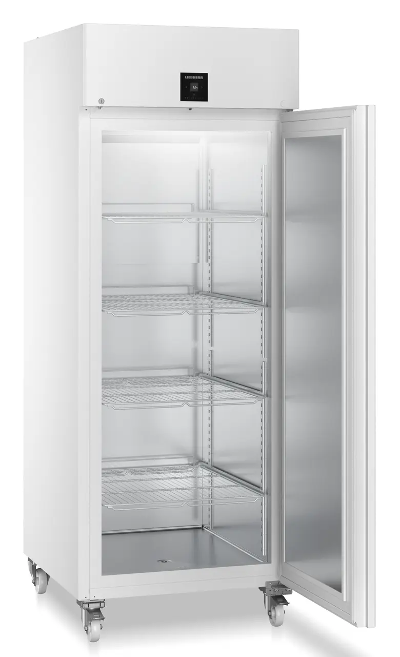 Produkt-Bild, Perspektive: schräg offen leer, Laborkühlgerät mit Umluftkühlung, Gehäusefarbe: Weiß, Türfarbe: Weiß