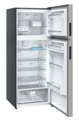 Product image, Perspective: oblique open empty, Fridge-freezer with NoFrost, Casing colour: grey, Door colour: Stainless Steel