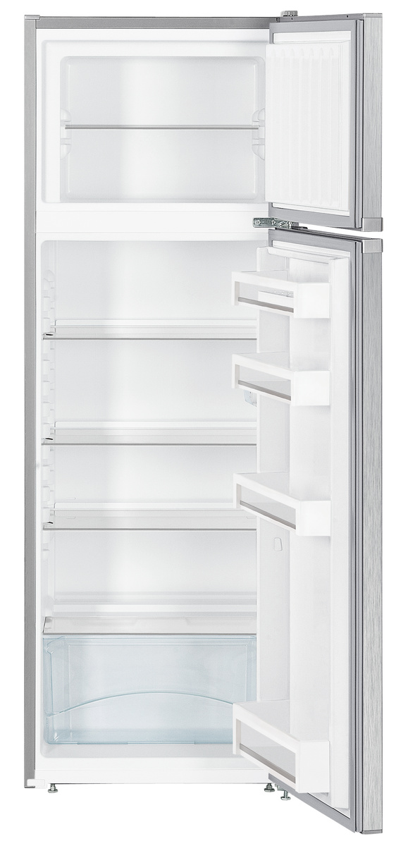 Wnętrze chłodziarko-zamrażarki Liebherr na wprost, otwarte i puste