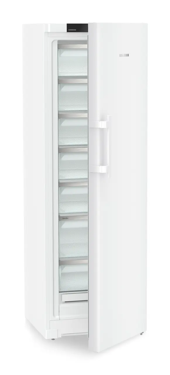 Изображение продукции, Перспектива: Под углом, с полуоткрытой дверцей, без продуктов, Морозильная камера с системой NoFrost, Цвет корпуса: белый, Цвет дверцы: белый