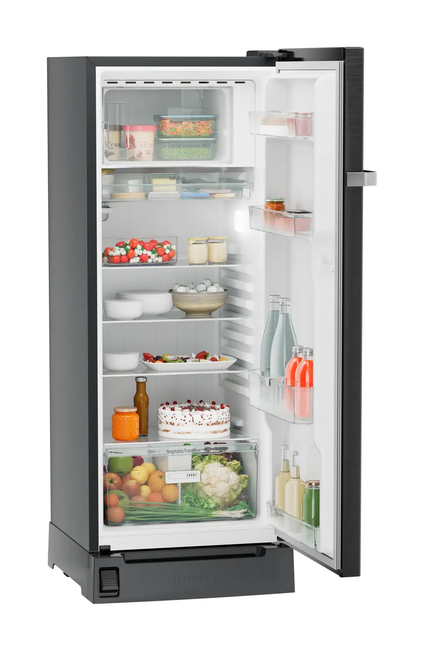 Product image, Perspective: oblique open decorated, Single-door refrigerator 222 l with foot pedal base drawer and iCoolTouch UI, Casing colour: grey, Door colour: BlackSteel
