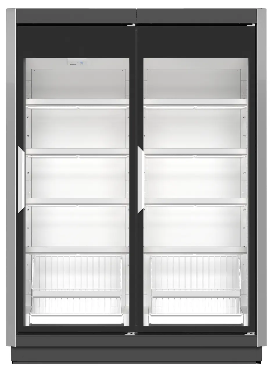 Produkt-Bild, Perspektive: gerade geschlossen leer, Supermarkt-Gefrierschrank, Gehäusefarbe: Grau