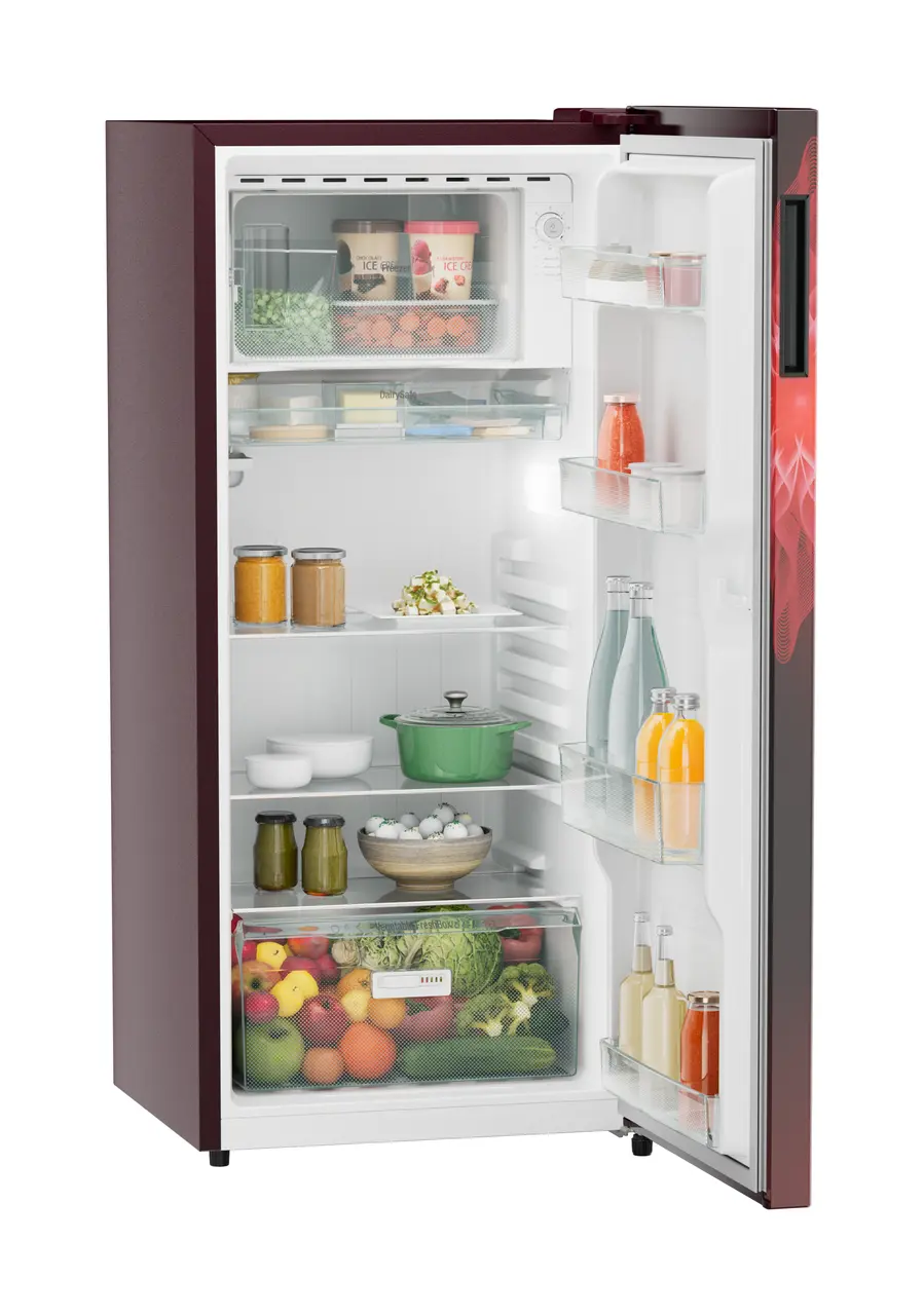 Product image, Perspective: oblique open decorated, Single-door refrigerator 202 l in 3 star with VegFresh box, Casing colour: red, Door colour: Red Mystiq