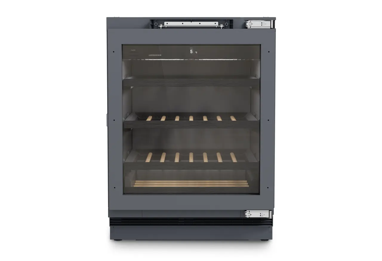 Изображение на продукта, Перспектива: Отпред, затворен, празен, Хладилник за вино, подходящ за монтаж под плота, за темпериране на вино, Цвят на корпуса: Антрацит, Цвят на вратата: Антрацит