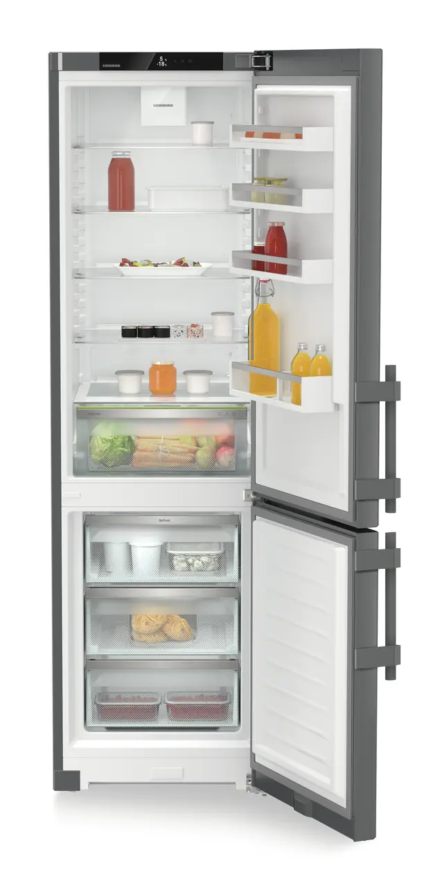 Obrázok produktu, Perspektíva: Spredu, spotrebič otvorený, dekorovaný, Kombinácia chladničky a mrazničky s EasyFresh a NoFrost