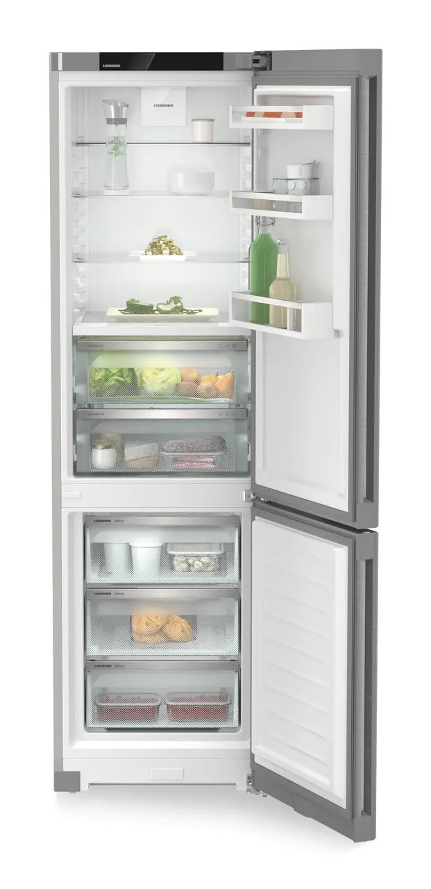 Product image, Perspective: straight open decorated, Fridge-freezer with BioFresh and NoFrost, Casing colour: silver, Door colour: stainless steel