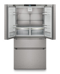 Product image, Perspective: straight open empty, French Door fridge-freezer with 2 freezer drawers and IceMaker and InfinitySpring, Casing colour: silver, Door colour: stainless steel